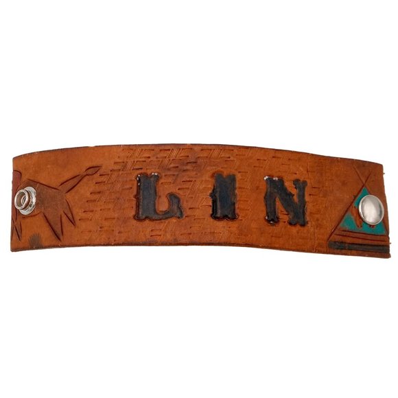 Vintage Leather Cuff Bracelet Western Rockabilly Lin Turquoise Teepee Distressed - Picture 1 of 11